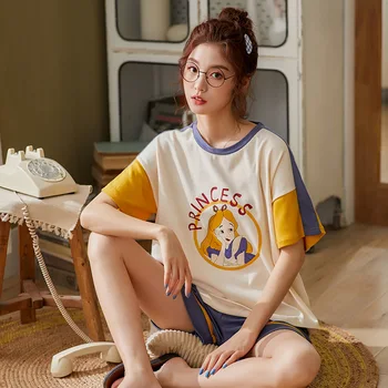 

2020 Summer Thin Section M-2XL Women Short Sleeve Shorts Pyjama Set 100% Cotton Round Neck Loose Homewear Clothing Pijama Mujer