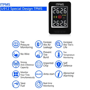 

CAREUD U912 Car TPMS Wireless Auto Tire Pressure Monitoring System with 4 External Sensors LCD Embedded Monitor For Toyota Only