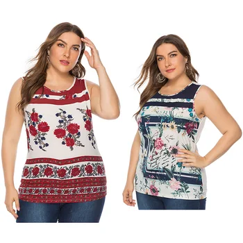 

Summer 2019 New European and American Fat mm Size Women's Retro Sleeveless Printed Vest T-shirt Jacket
