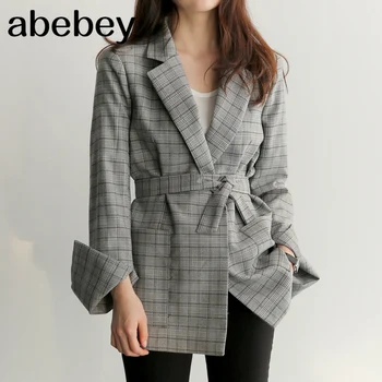 

Spring Autumn Women Gray Plaid Office Lady Blazer Fashion Bow Sashes Split Sleeve Jackets Elegant Work Blazers Feminino