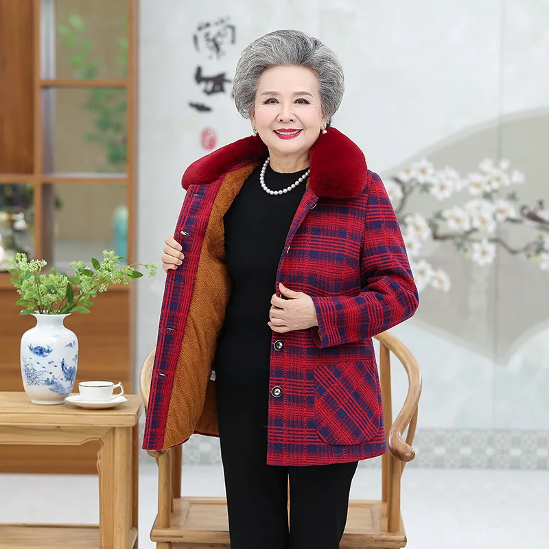 

Middle Aged And Elderly People Mid-length Fur Collar Overcoat 60-70-80-Year-Old Old Man Women's Mom Grandma Woolen Jacket Fall A