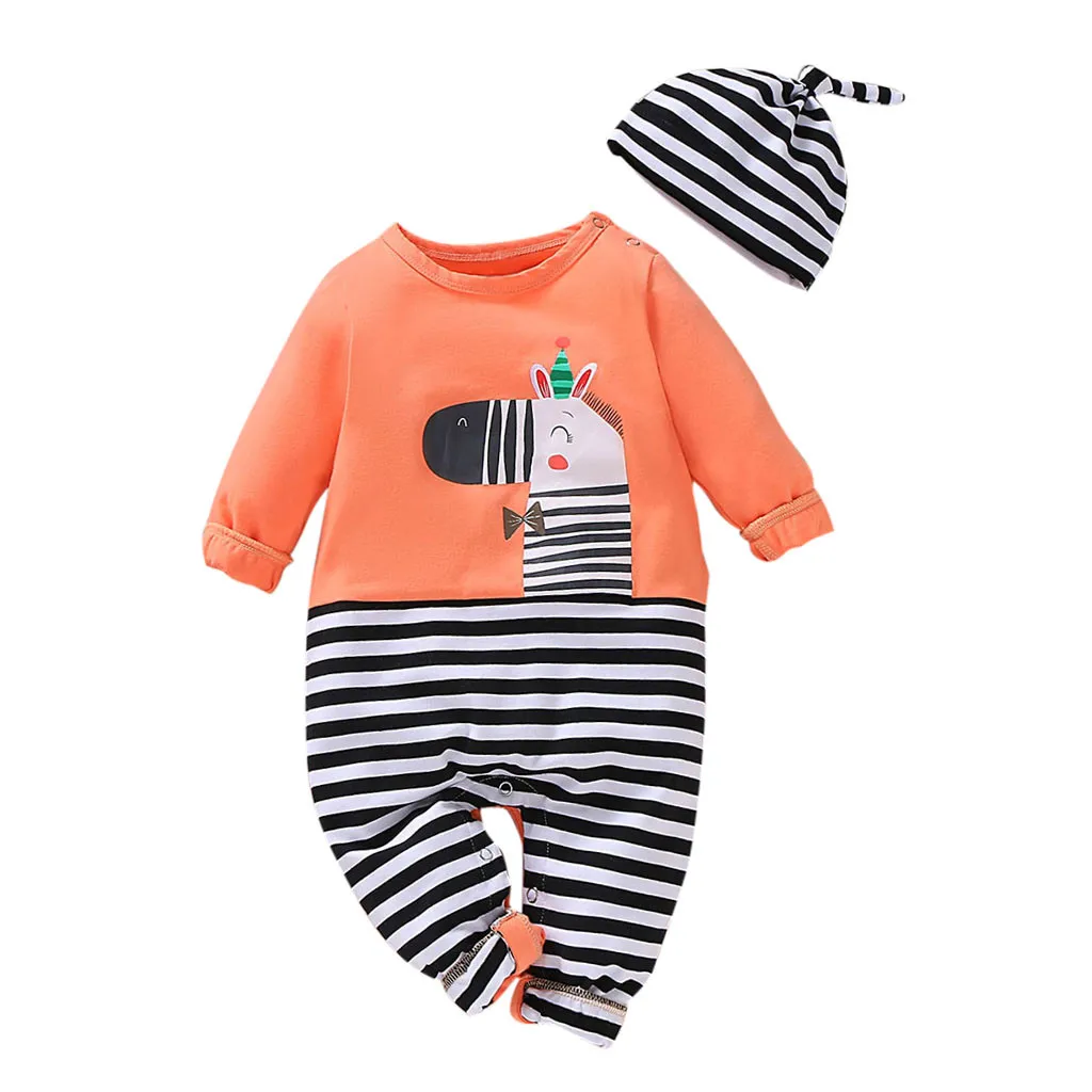 MUQGEW Детский комбинезон для новорожденных мальчиков и девочек с рисунком в полоску, комбинезон шапка Осенняя мягкая теплая одежда ropa bebe - Цвет: Orange