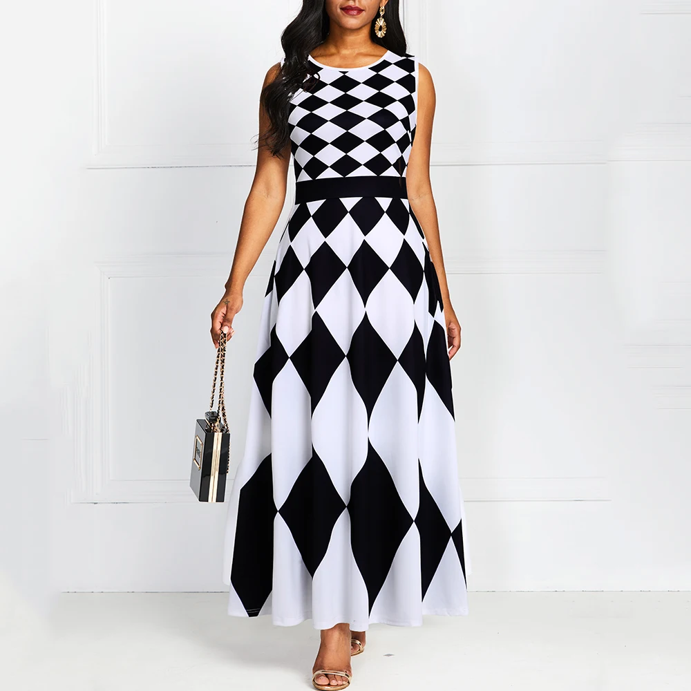 

2020 Summer Print Sleeveless Women Maxi Dress Round Neck Vintage A LineFemale Retro High Waist Long Dresses Office Work Wear