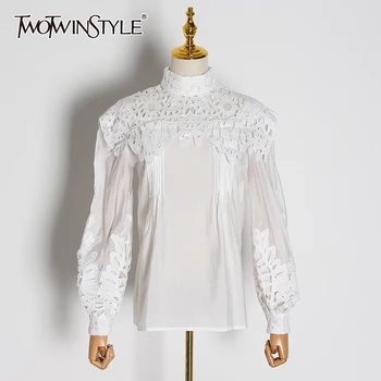 

TWOTWINSTYLE Casual Hollow Out Shirt Blouse Women Stand Collar Lantern Long Sleeve Loose Shirt Female Clothing Fashion 2020 Tide