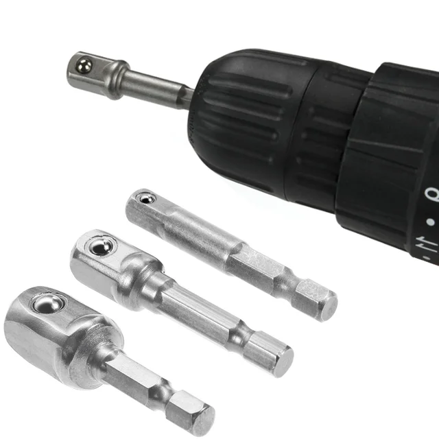 Adaptador de zócalo de acero de vanadio cromado vástago hexagonal a brocas de extensión de 1/4 ", 3/8" y 1/2 ", conjunto de puntas con adaptador hexagonal, Herramientas Eléctricas firmemente 2