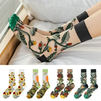 

1 Pair Breathable Ultra Thin Socks Summer Women Transparent Lace Silk Crystal Rose Flower Girls Elastic Short Socks Female Sox