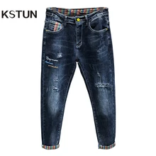 Байкерские джинсы, Мужские Стрейчевые обтягивающие Темно-Синие рваные джинсы в полоску с заплатками, повседневные уличные джинсы Yong Man