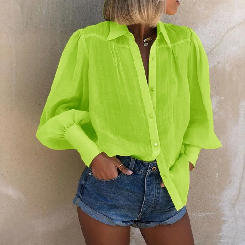 Fluorescent Green Элегантная Весенняя неоновая зеленая рубашка, блузки, осенняя Женская пышная Свободная блузка с длинным рукавом, однотонная Офисная женская блуза на кнопках - Цвет: Fluorescent Green