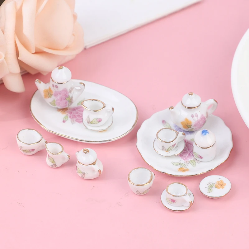 

8Pcs 1/12 Miniature doll house pink Flower Patten Porcelain Coffee Tea Cups Ceramic Tableware Set Dollhouse Kitchen Accessories