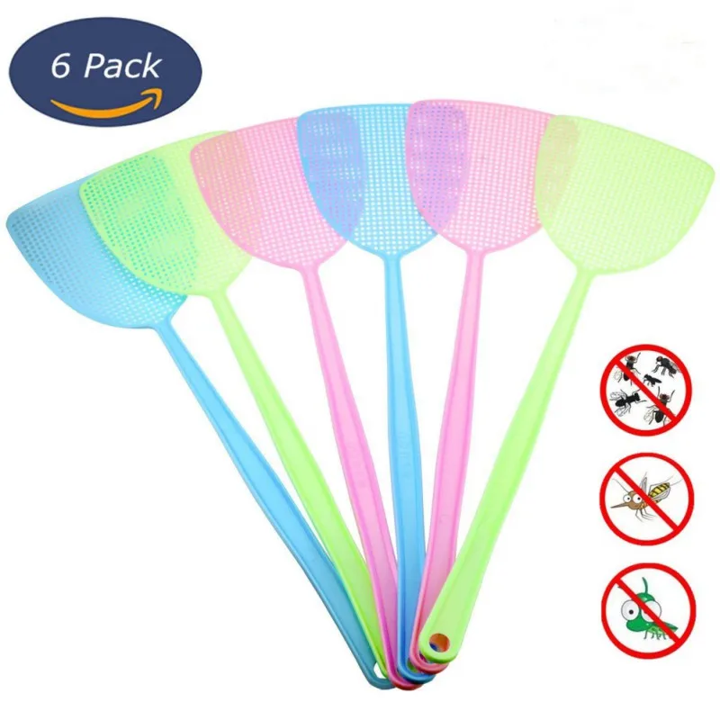 

6 pcs/lot Fly Swatter Three Colors Manual Swat Pest Control Plastic With Long Handle Assorted Sweet Colors High Quality