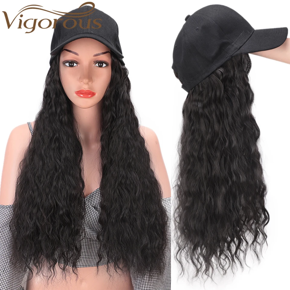 

Vigorous Curly Long hairpiece Baseball Cap Wig Synthetic Hair with Hat Fashion Style Natureal balck for Women Winter Design