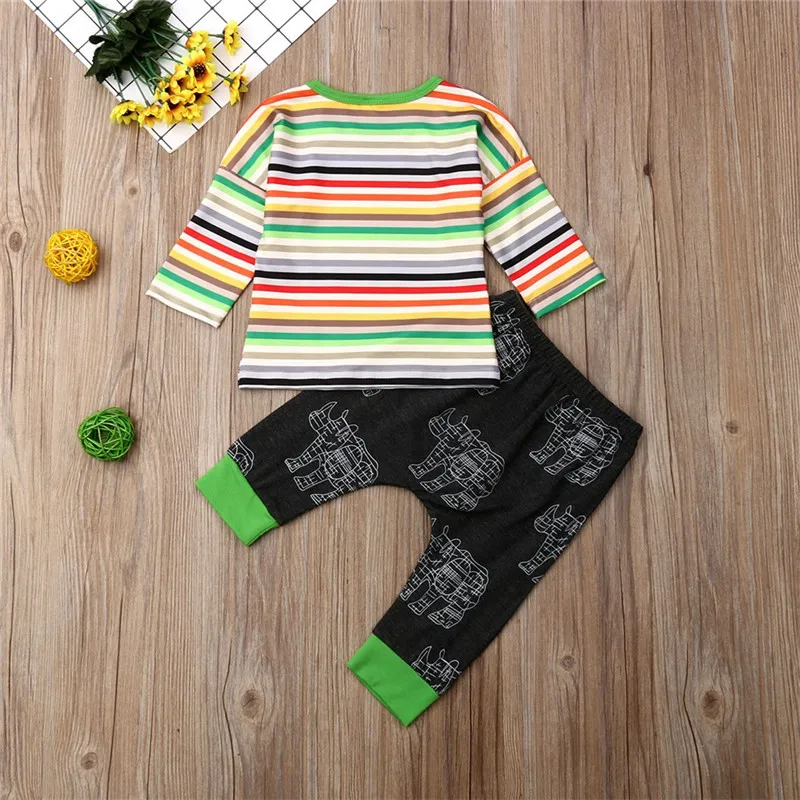 

0-24M Baby Clothes Set Colorful Striped Long Sleeve T-Shirt For Girls Set Rhinoceros Animal Long Pants Baby Boys Clothing Set