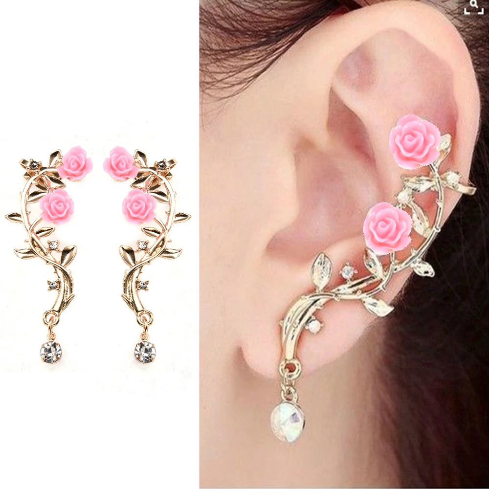 New Fashion Rose Leaf Flower Ear Stud Cuff Earring Lady Gold Pink Women Jewelry Pendientes Princesas Boucle D'oreille Cristal New Fashion Rose Leaf Flower Ear Stud Cuff Earring Lady Gold Pink Women Jewelry Pendientes Princesas Boucle D'oreille Cristal