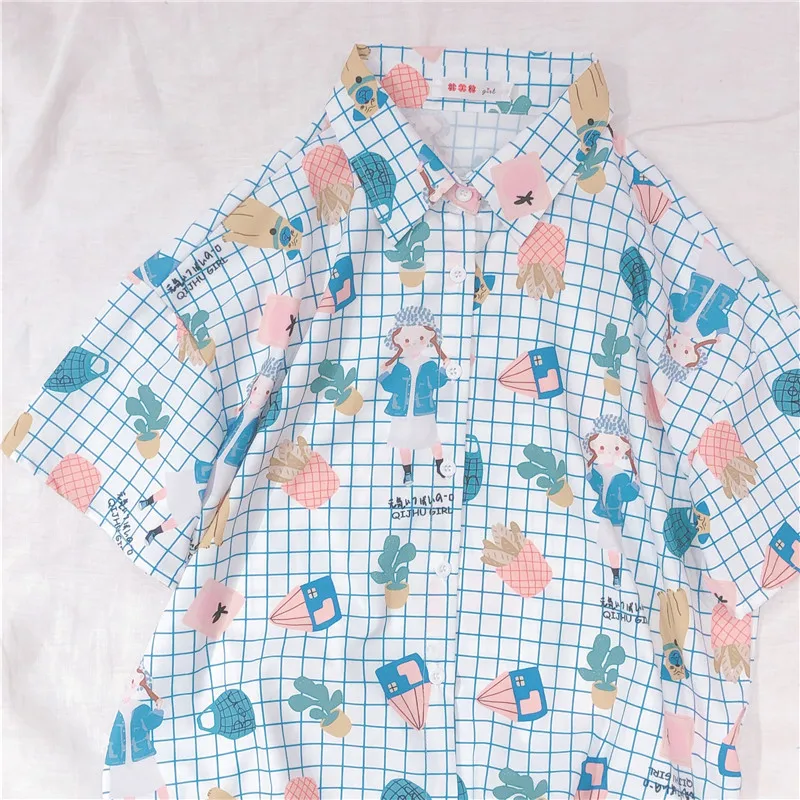 Японская летняя новая женская рубашка с коротким рукавом шифоновая клетчатая