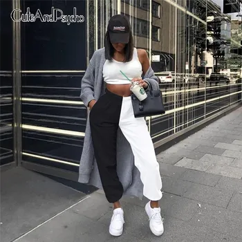 

Patchwork Black And White Contrast Pants Women Pocket High Waist Cargo Pants Fashion Streetwear Hip-Hop Sweatpants Cuteandpsycho