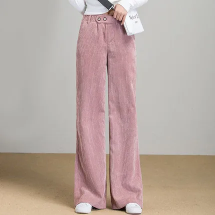 

Pink wide leg pants female spring and autumn high quality corduroy pants loose high waist straight pants new trousers plus size