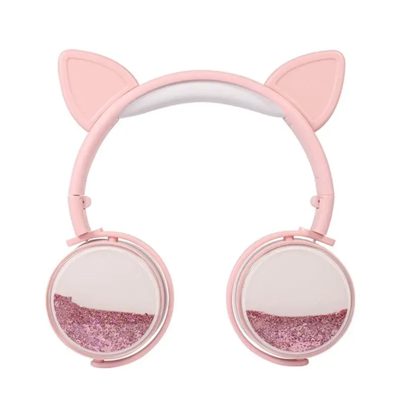 Girls Cat Ear Headset Quicksand Decor Music Sports Wired Headphones for Kids Gifts X6HA