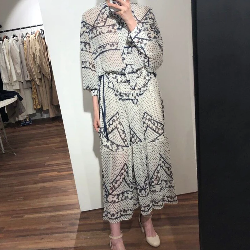 

Love It! Retro Classy Lady Dress One Piece with Tie Lantern Sleeve Dress Long Spring Autumn Robe Longue Vestido Largo Vestiti