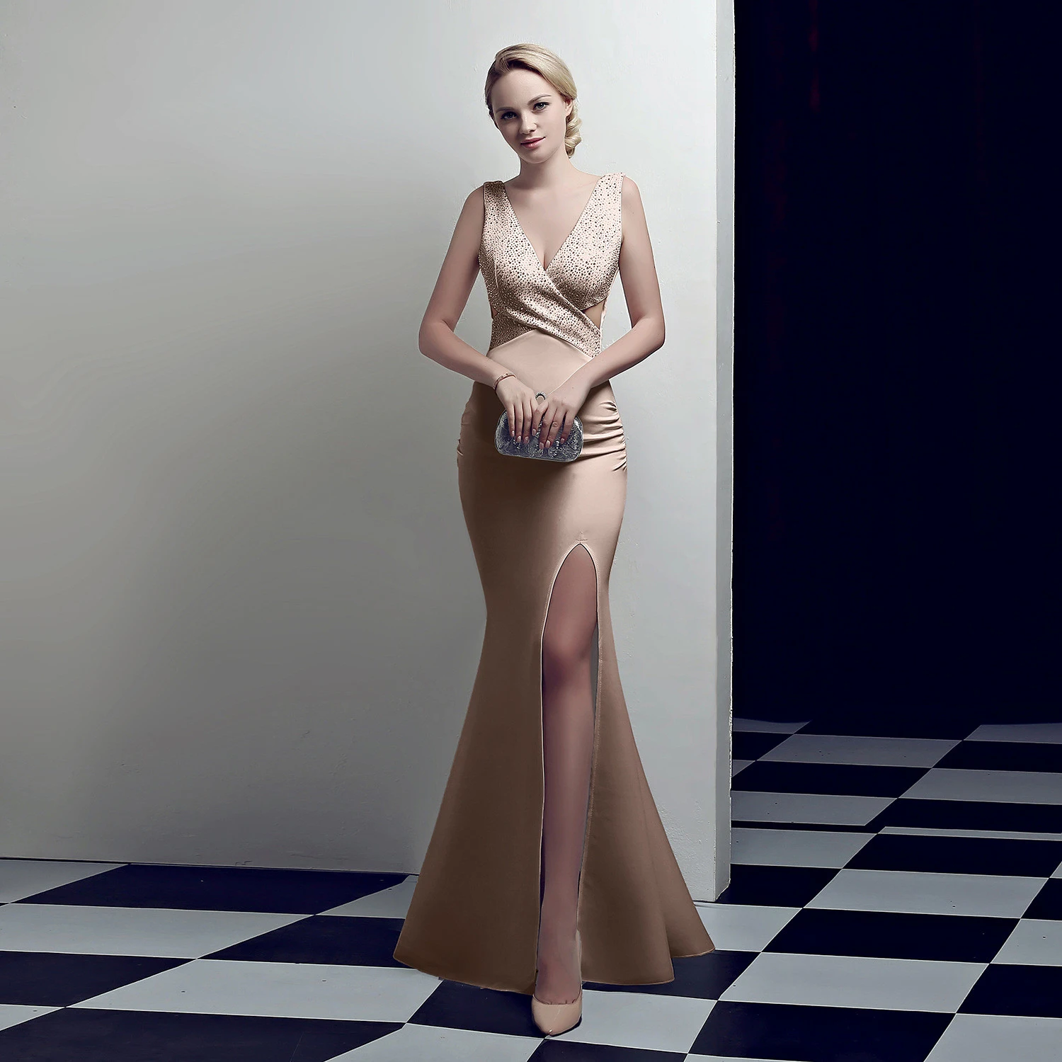 Skyyue вечернее платье однотонное платье с v-образным вырезом De Soiree без рукавов женское вечернее платье плюс размер Кристалл Сплит Формальные платья C306 - Цвет: Champagne