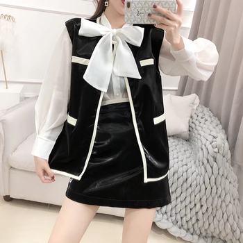 

Influencer Two Piece Suit Women 2019 Bright Patent Leather Jacket Mini Skirt Sets Cool Punk Autumn Two Piece Set PU Skirt Set