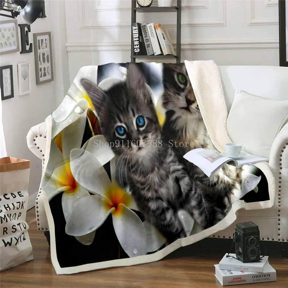 Cute Sleeping Cat 3D-printed Wool Blanket Picnic Extra Thick Fashion Sheets Cats Pet Children Kids Sherpa Throw Blankets