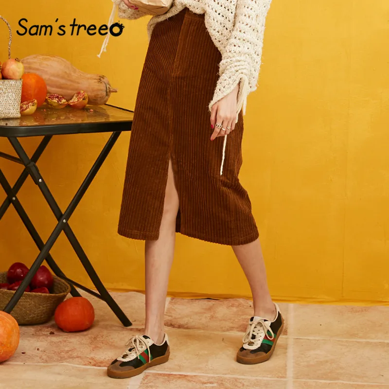 

SAM'S TREE Solid Split Front Minimalist Corduroy Skirt Women 2019 Autumn Pure Vintage Office Ladies Midi Skirts