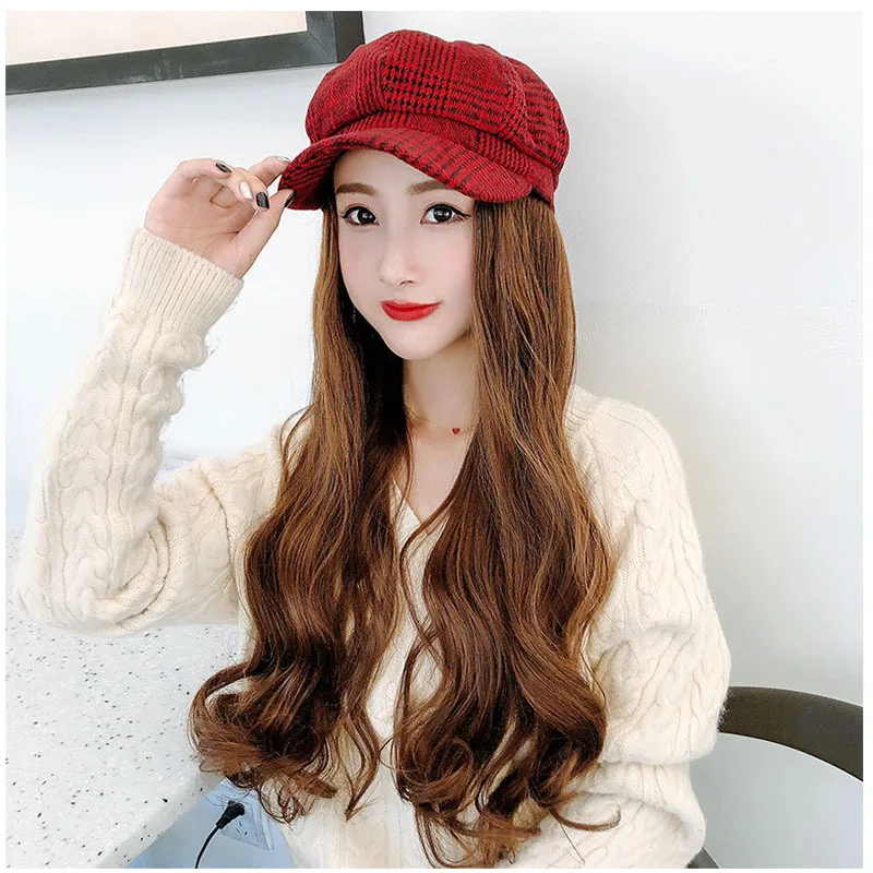 as picture Beret Cap with Wigs Hats Hair Synthetic Short Hair Hat for Women - Цвет: as picture