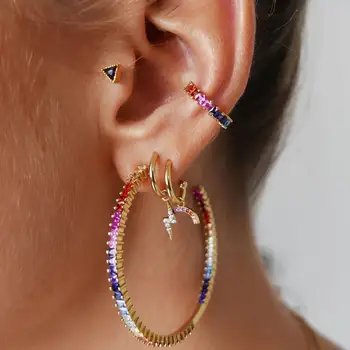 

2020 New Ladies Fashion Simple C Shape Big Hoop Earrings Rainbow Crystal Huggie Earrings Women's Party Dating Jewelry 4 Pcs/set