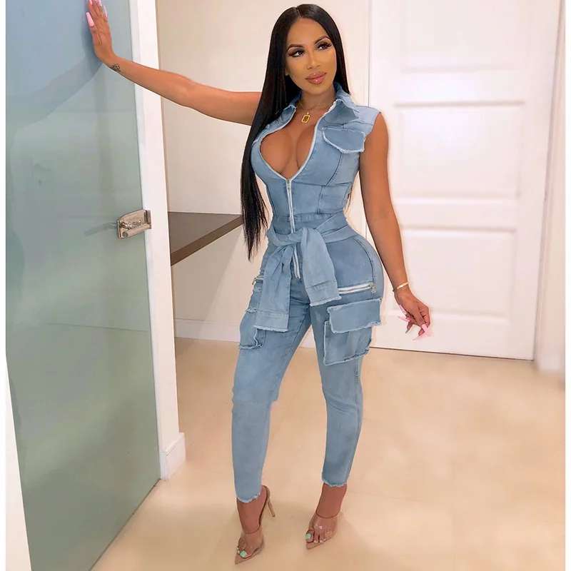 Echoine Fashion Sleeveless Jumpsuit Front Tie With Zipper Turn Down Collar Long Rompers Womens Jumpsuit Overall Echoine Fashion Sleeveless Jumpsuit Front Tie With Zipper Turn Down Collar Long Rompers Womens Jumpsuit Overall