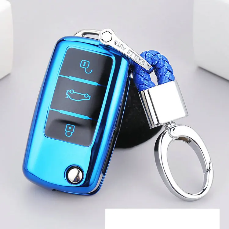 blue with keychain TPU высокого качества Автомобильный ключ чехол для ключей для Vw Jetta Golf Bora POLO Passat Skoda Octavia A5 Fabia сиденье Ibiza Leon - Название цвета: blue with keychain