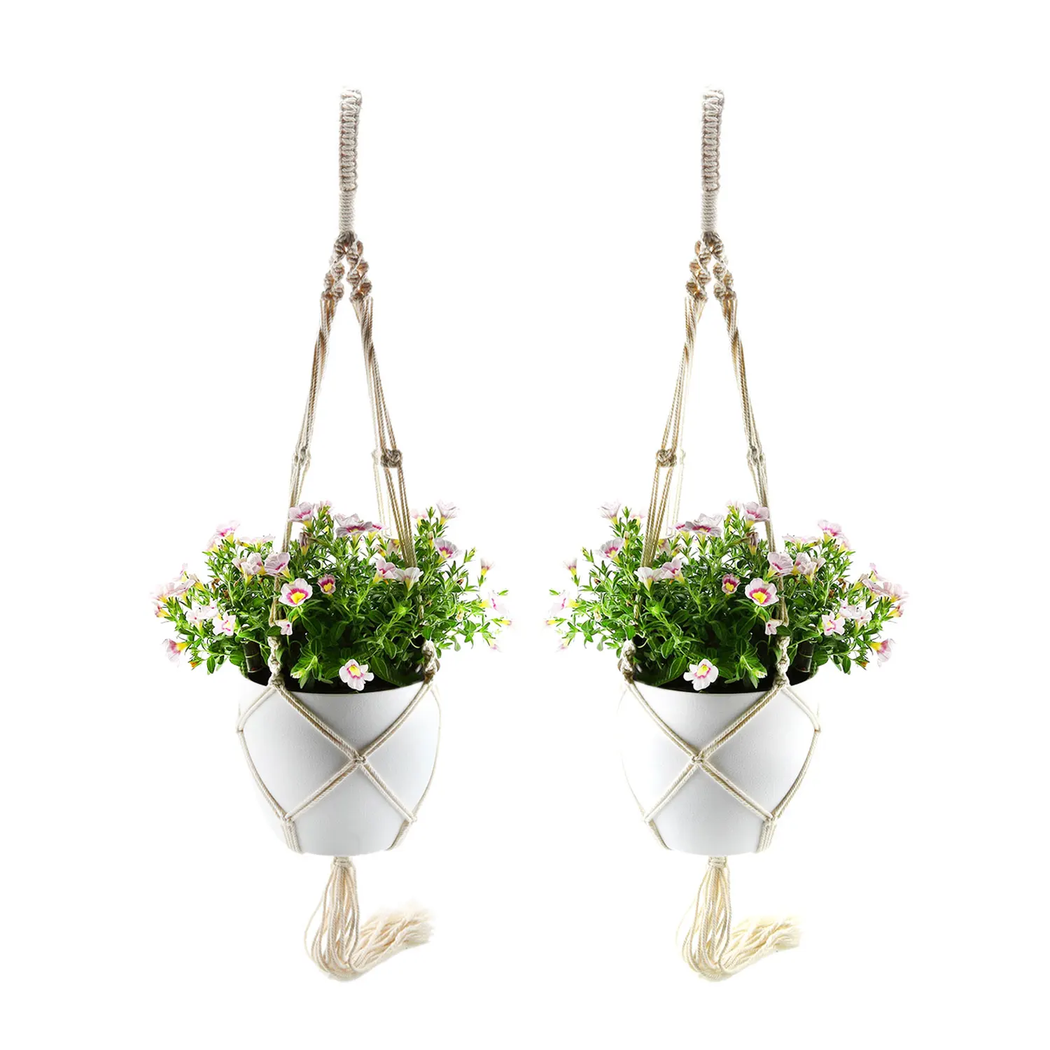 

T4U 7" Macrame Planter Pot Hanger and Plastic Self Watering Planter with Water Level Indicator White Pack of 2