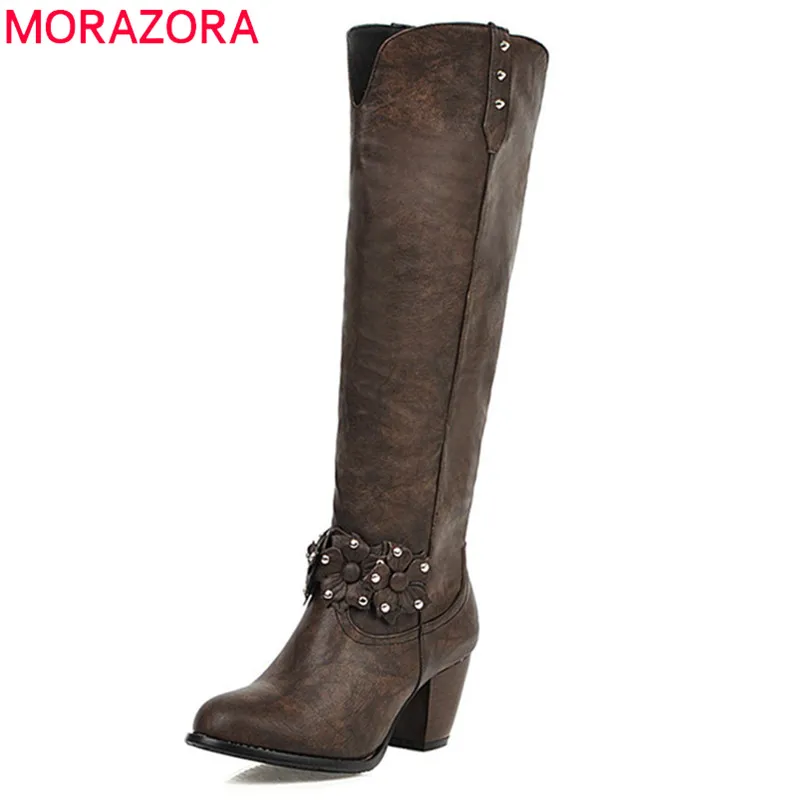 MORAZORA/; ; большие размеры 48; женские сапоги до колена; осенне-зимние сапоги с цветочным принтом и заклепками; винтажная женская обувь на высоком каблуке