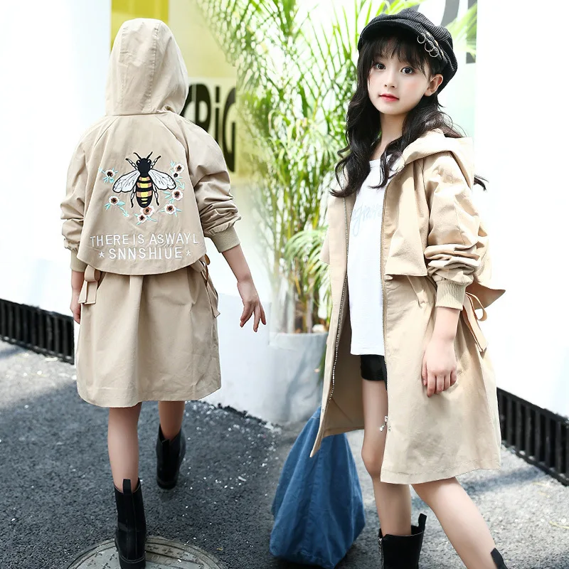 

2019 Spring And Autumn New Style Big Boy Fashion-Style Cotton Embroidered Casual Hooded Coat Mid-length Bees Trench Coat