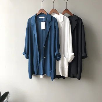 

Thin Chiffon Blazers Jacket Office Lady Summer Tops Loose Casual Suits Coat Fashion Women's Solid Work Blazer Silky Suit Jackets