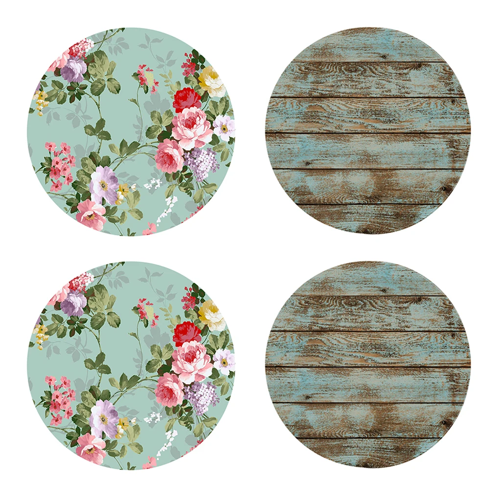 2Pcs Table Cover Round Tablecloth Floral&Shabby Wood Pattern Reusable Polyester Home Kitchen Decoration