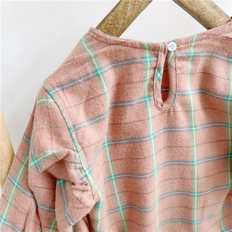 Korean Style Cute Girls Fashion Plaid Blouse Kids Pure Cotton Puff Sleeve Loose Blouses 1-5y