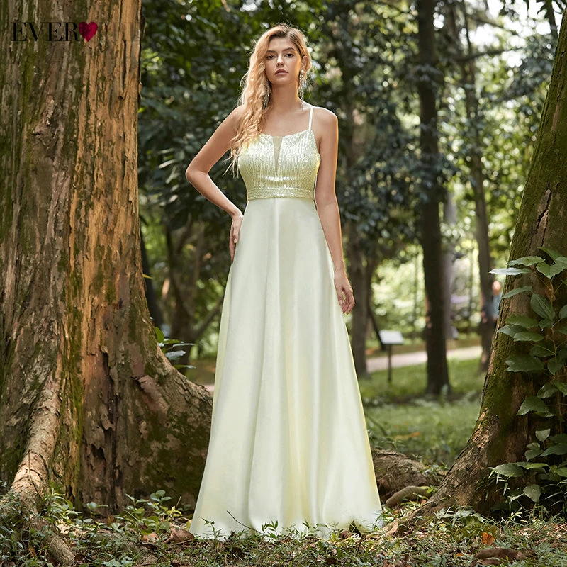 

Yellow Satin Prom Dresses Ever Pretty EP00324YL A-Line Sequined Spaghetti Straps Sleeveless Long Party Gowns Vestido De Festa