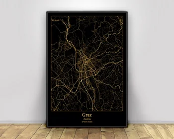 

Graz Austria Black&Gold City Light Maps Custom World City Map Posters Canvas Prints Nordic Style Wall Art Home Decor