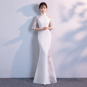 

White Lace Perspective Qipao Vintage Lady Mandarin Collar Mermaid Party Prom Dress Sexy Long Slim Cheongsam Vestidos Defesta
