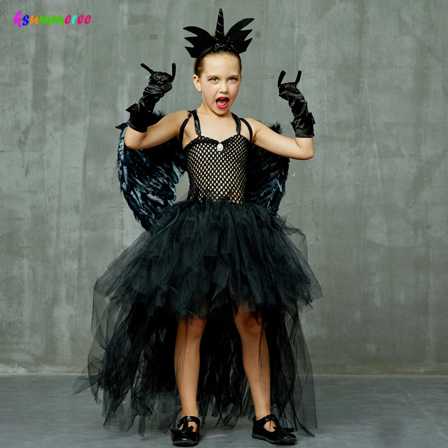 Black Fallen Angel Halloween Fancy Girls Tutu Dress V-neck Train Kids Cosplay Birthday Party Ball Gown Dress with Wings Costume