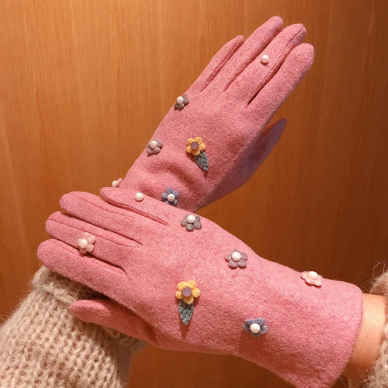 Winter Female Gloves Women Sweet flower warm mittens New Popular Design Ladies Wool Solid Gloves outdoor