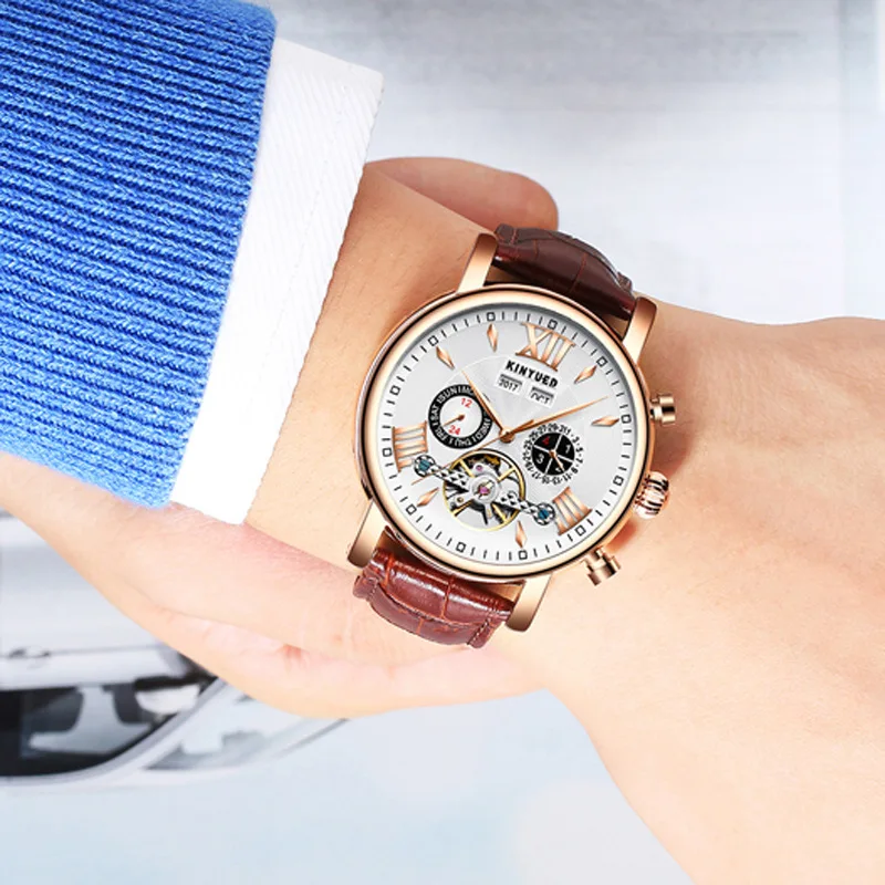 KINYUED Топ люксовый бренд Мужские часы механические Tourbillon Роскошные модные брендовые кожаные мужские спортивные водонепроницаемые часы