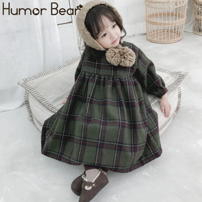 Humor Bear/осенне-зимнее милое длинное клетчатое платье с пышными рукавами для девочек, модное шерстяное повседневное детское платье принцессы