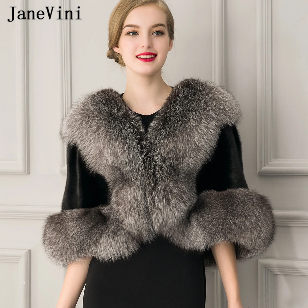 JaneVini черные шали и накидки из искусственного меха высокого качества для вечеринки, Зимние свадебные болеро, палантины, теплая накидка, свадебные аксессуары