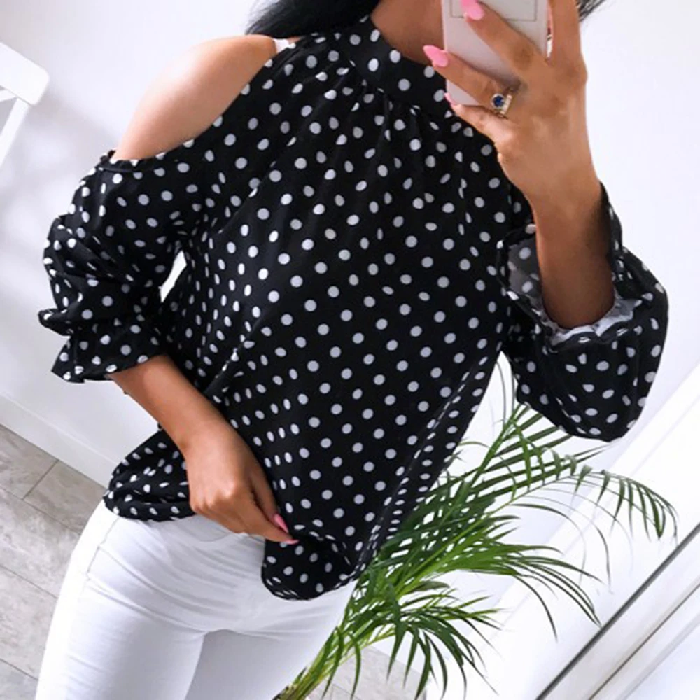 

Womens Blouses And Tops Summer 2019 Dot Sexy Ruffled Off Shoulder Long Sleeve Sweet Fashion