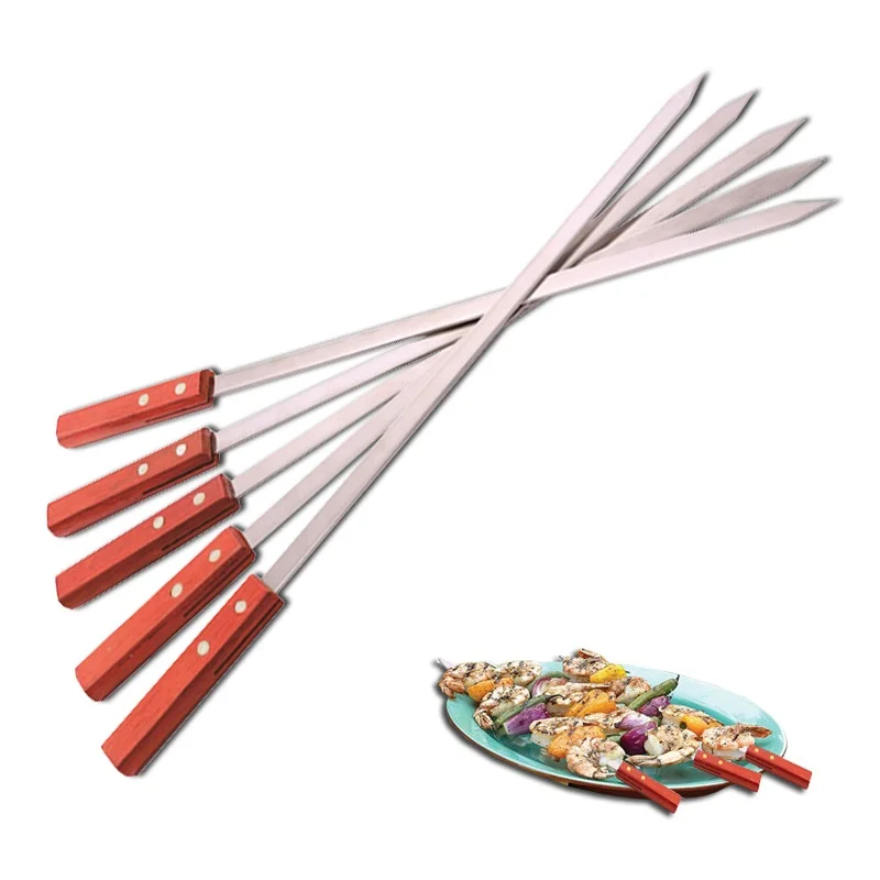 20.5''52cm Barbecue Skewers Stainless Steel Fork Flat Shish Kebab BBQ Needle Grills Sticks Turkish Long Wood Skewer Panic Tools barbecue skewers,bbq grilling accessories