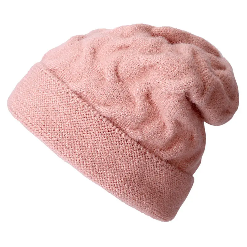 Pink Новинка; женская бини из кроличьей шерсти; зимние шапки для женщин; Повседневная вязаная шапка ярких цветов; модная Высококачественная Мягкая шерстяная шапка - Цвет: Pink