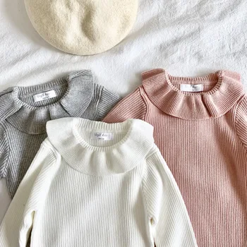 

EnkeliBB New Arrivals 2020 Toddler Girl Peter Pan Collar Basic Tshirt Spring Cotton Knit Tops Baby Korean Solid Long Sleeve Tops