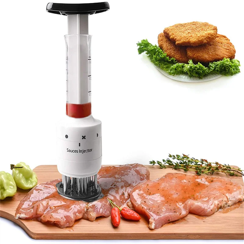 2 In 1 Stainless Steel Sauces Injection Meat Tenderizer Pine Handle Kitchen Tools Needles Steak Meat Injector Cooking BBQ Tools