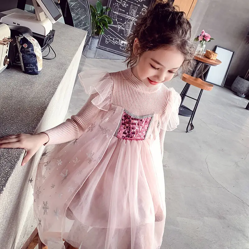 Ruffle Party Dress Girls Long Sleeve Cotton Ruffle Party Princess Dress Girl Sequin Rainbow Mesh Dress